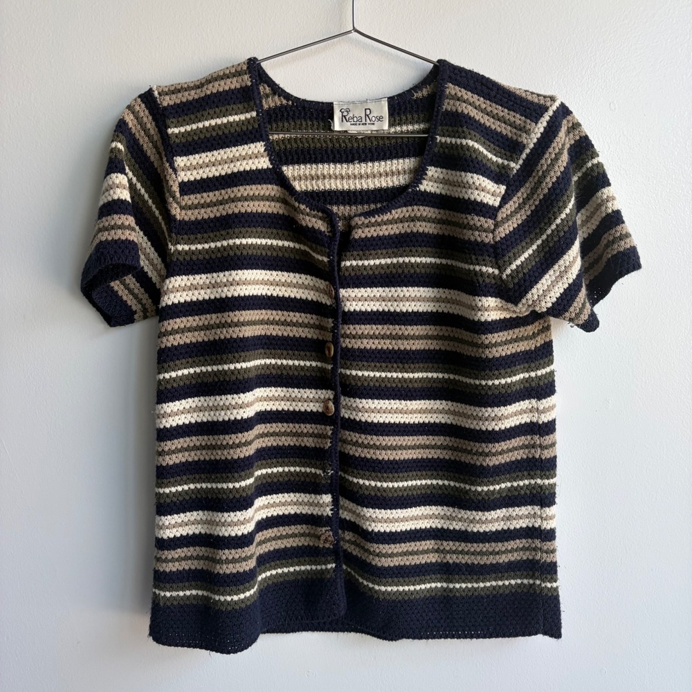 Reba Rose Vintage Short Sleeve Crochet Knit Striped Cardigan Top Multi